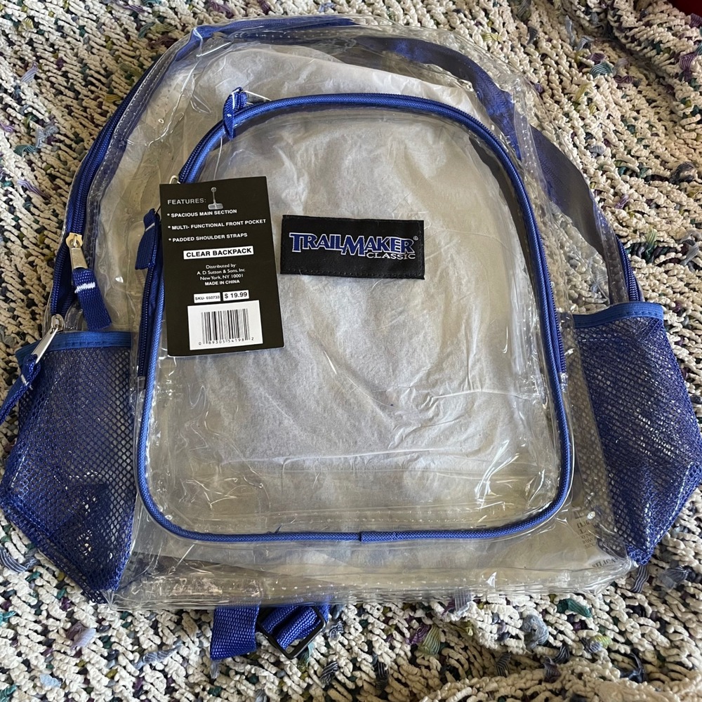 Trailmaker Classic Clear Large Backpack Blue Trim Transparent School Stadium Bag